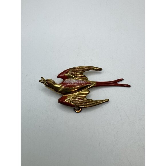 Beautiful Vintage Flying Duck Red And White Enamel Goldtone Unsigned Brooch - Picture 4 of 4